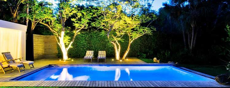 piscine avec éclairage de nuit, arbres bordent le bassin