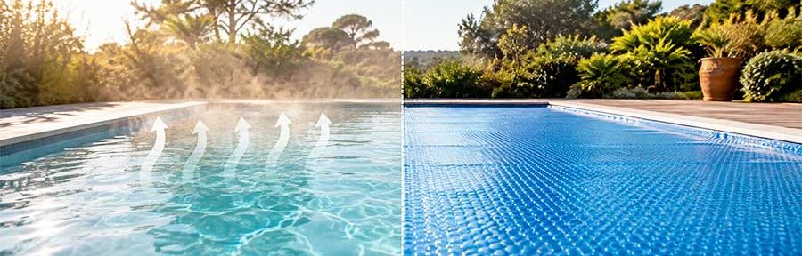 Bâche à bulles limitant l'évaporation de l'eau d'une piscine en été