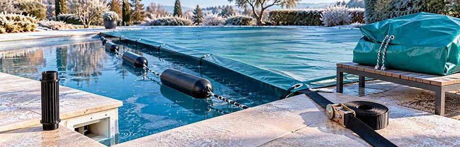 Accessoires d'hivernage piscine avec Gizzmo antigel, flotteurs lestés, sangle de soutien et sac de rangement, disposés autour d'une piscine protégée pour l'hiver.
