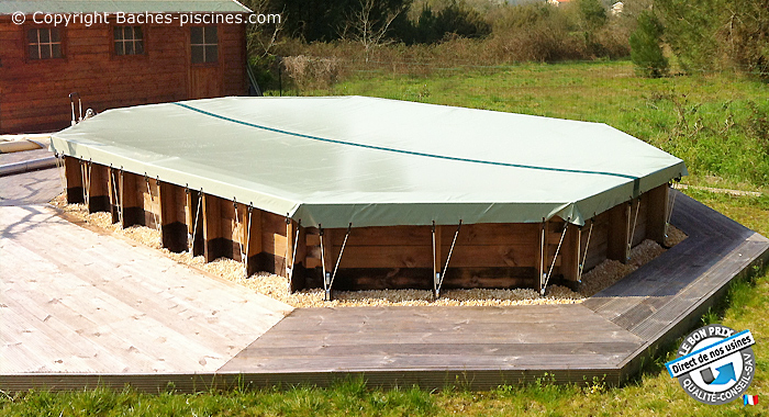 Bâche hiver octogonale allongée GRE pour piscine, L.675 x l.375 cm