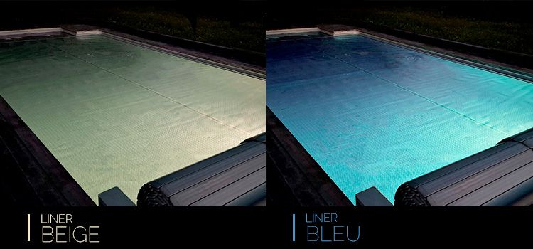 Comparatif b&acirc;che geobubble Gen2 sur piscine avec liner beige ou liner bleu, de nuit, avec spots lumineux